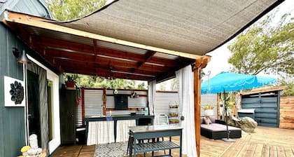 Tiny House Farm Stay with Outdoor Kitchen, Private Deck & Shared Pool