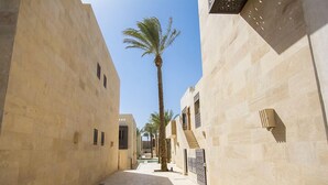 Un callejón estrecho con paredes de piedra beige, palmeras y cielo despejado.