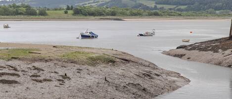 A river with boats and a sandy shore.