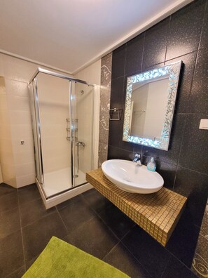 Shower, hair dryer, towels, toilet paper
