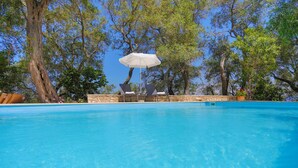 A clear blue pool with lounge chairs and an umbrella, surrounded by trees.
