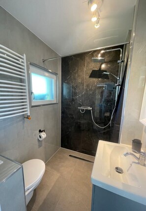 A modern bathroom with a glass-enclosed shower, a toilet, and a sink. - Studio apartment moor-home (Ganderkesee)