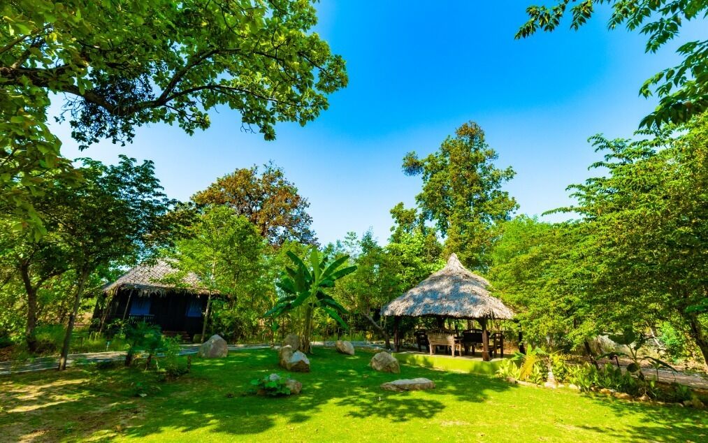 A lush garden with two thatched-roof structures, surrounded by greenery and rocks.