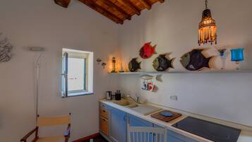 Fridge, stovetop, coffee/tea maker, electric kettle