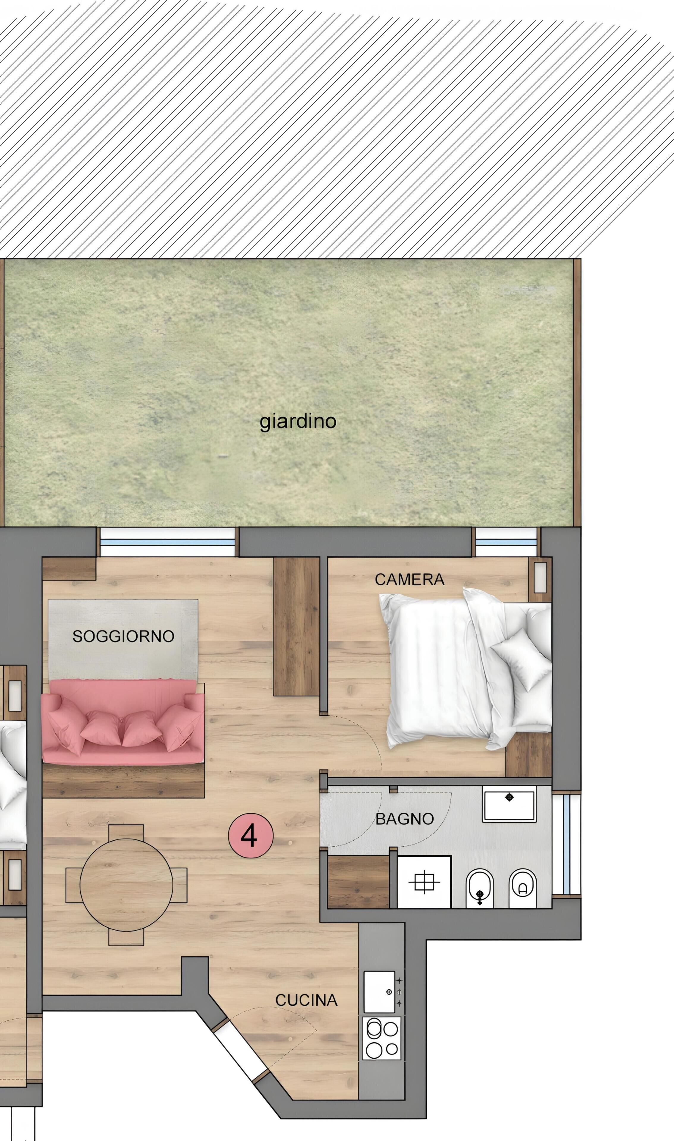 Un plan d’étage comprenant un salon, une cuisine, une salle de bain et un petit espace jardin.