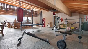 Une salle de sport équipée de matériel d’exercice, d’un sac de frappe et offrant une vue sur l’extérieur.