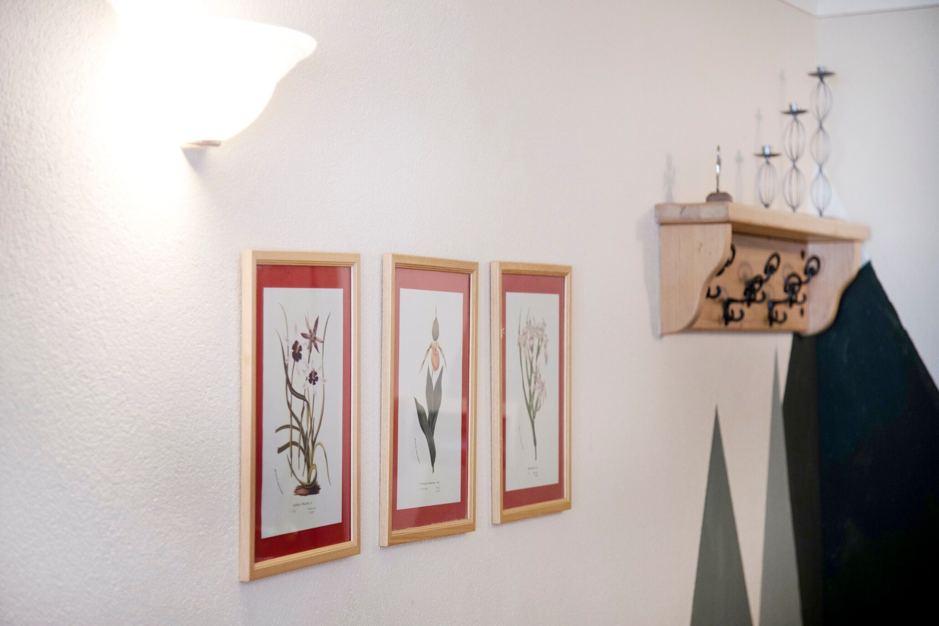 Three framed botanical illustrations on a wall, a light fixture, and a decorative shelf with metal candelabras.