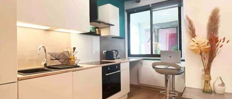 Fridge, oven, stovetop, coffee/tea maker