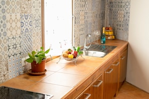 Una cocina con baldosas estampadas, un lavamanos, un frutero y una planta en maceta.