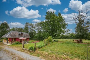 Una casa rustica con una porta rossa, circondata da un recinto pascolato con dei cavalli.