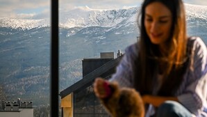 A person petting a dog on a balcony with a mountain view. - Złoty Horyzont Resort Szklarska Poręba (Szklarska Poreba)