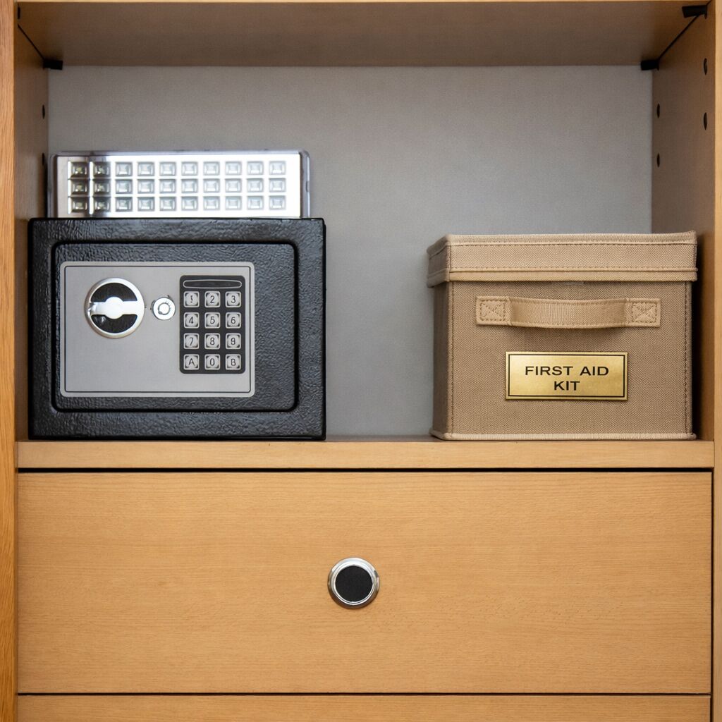 A wooden drawer with a combination lock, a safe with a keypad, and a beige box labeled 'FIRST AID KIT'.