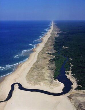 An aerial view of a coastal area with a long sandy beach, a river running parallel to the shore, and dense green forested areas. - Kazayo, Bassin D'arcachon Nord (Lège-Cap-Ferret)