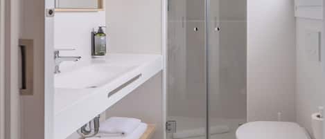 Une salle de bain moderne équipée d’une douche, de toilettes et d’un lavabo.