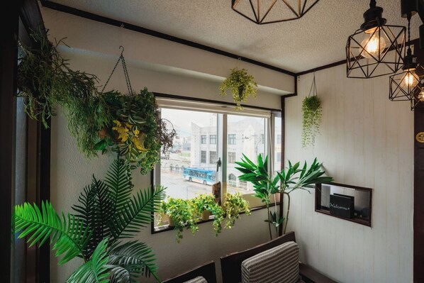 A room with a large window, multiple hanging plants, a wicker sofa, and a wall-mounted mirror.