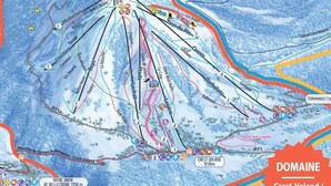 Eine Skigebietskarte mit markierten Pisten, Liften und wichtigen Orten wie Mont Lachat und Crest Voland.