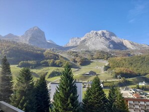 View from property - Studio cabin for 6 near ski slopes in Gourette, living room with balcony, parking (Gourette)