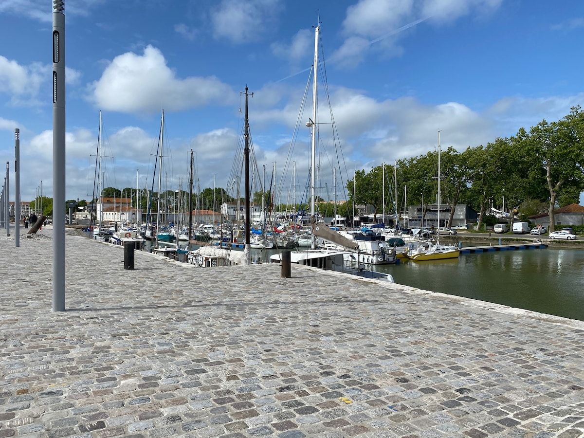 Un port de plaisance avec des bateaux amarrés, une promenade dallée de pierres et un ciel dégagé.