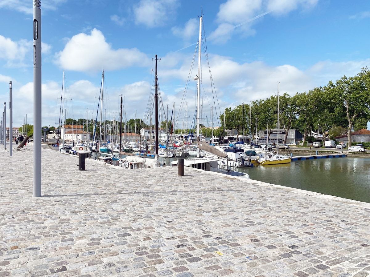 Un port de plaisance avec des bateaux amarrés, une promenade bordée de pierres et un ciel dégagé.