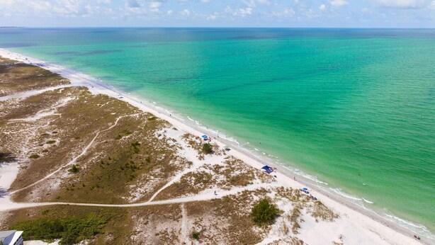 Vista aérea de uma praia com águas turquesa cristalinas, faixa de areia e vegetação rala.