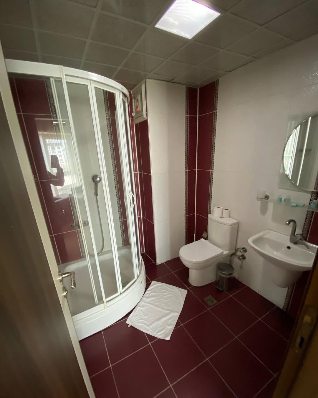 A bathroom with a glass-enclosed shower, a toilet, and a sink.
