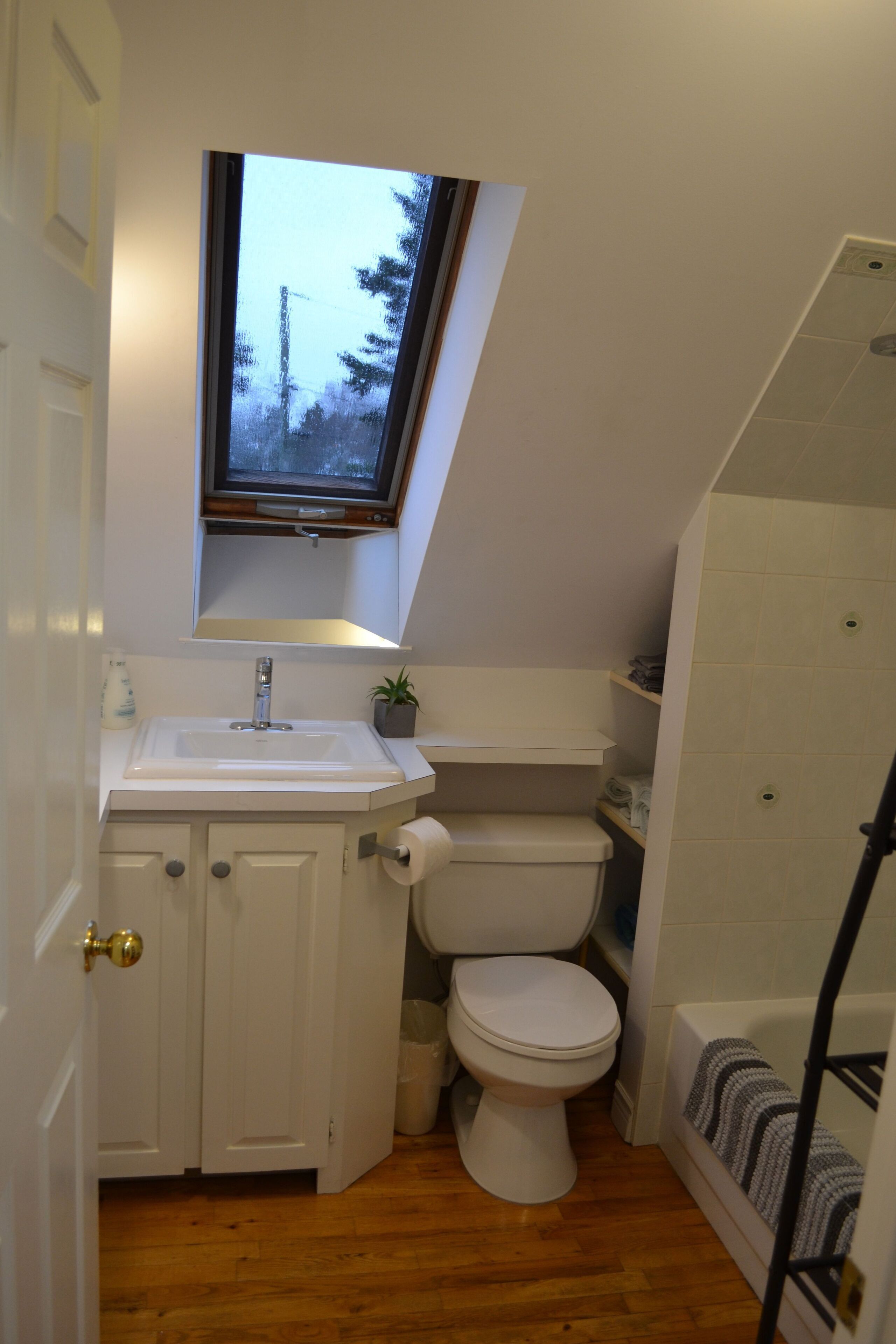 Une salle de bain compacte dotée d’un puits de lumière, d’un lavabo, de toilettes et d’un espace douche.