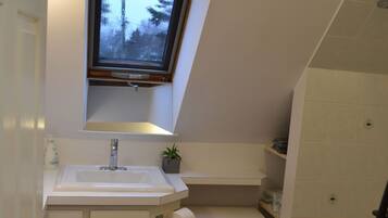 Une salle de bain compacte dotée d’un puits de lumière, d’un lavabo, de toilettes et d’un espace douche.