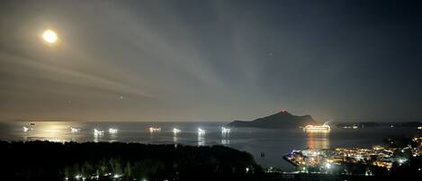 A nighttime coastal scene with a mountain, boats, and a lit-up town.