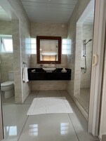 Shower, rainfall showerhead, hair dryer, towels