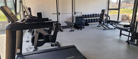 Un gimnasio con equipo cardiovascular, máquinas de pesas y mancuernas.
