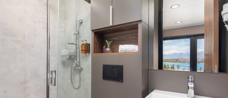 A modern bathroom with a glass shower enclosure, a large sink, and a mirror reflecting a scenic view.