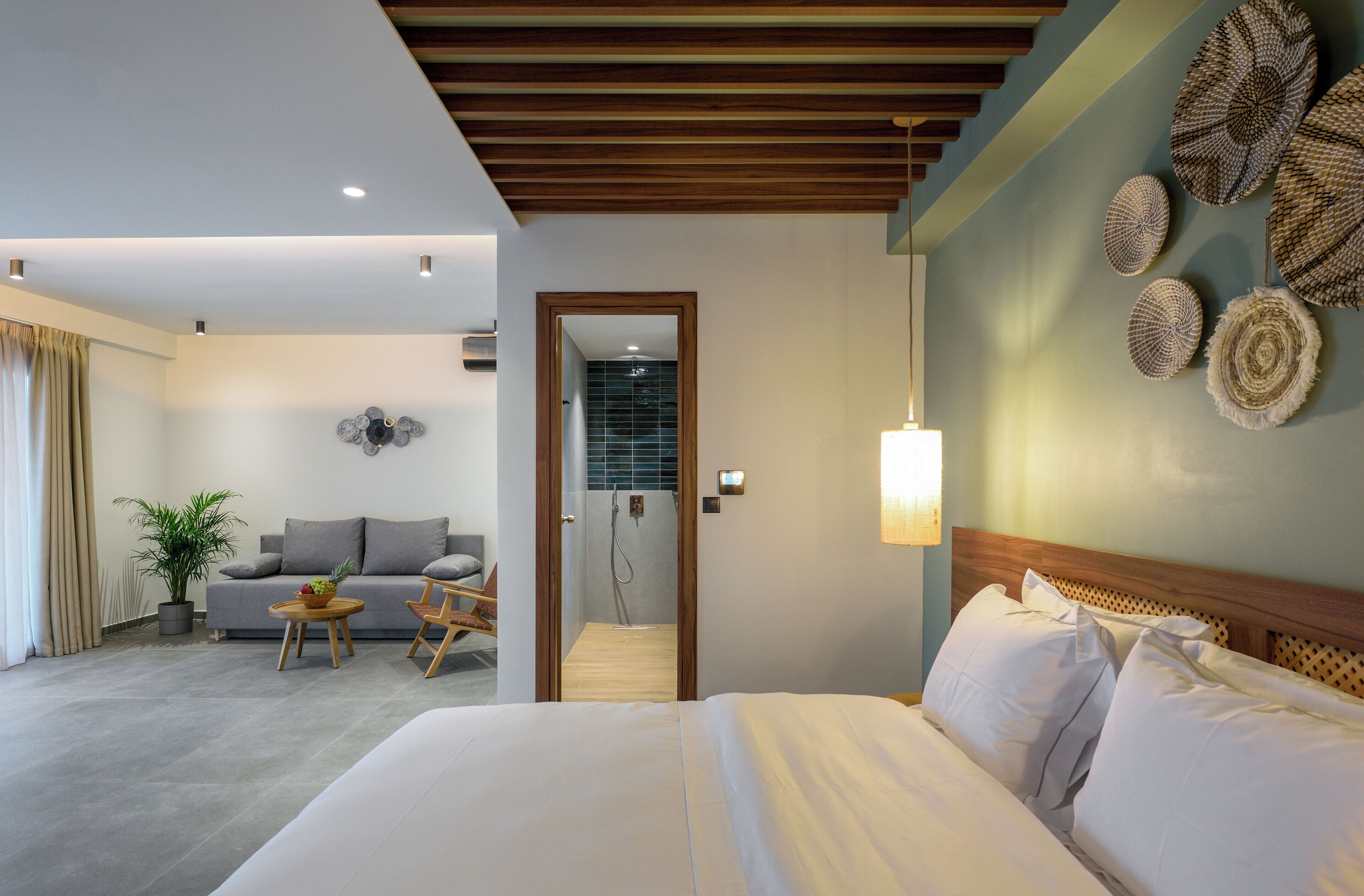 A modern hotel room with a large bed, a sofa, a small table with a plant, and a shower area.