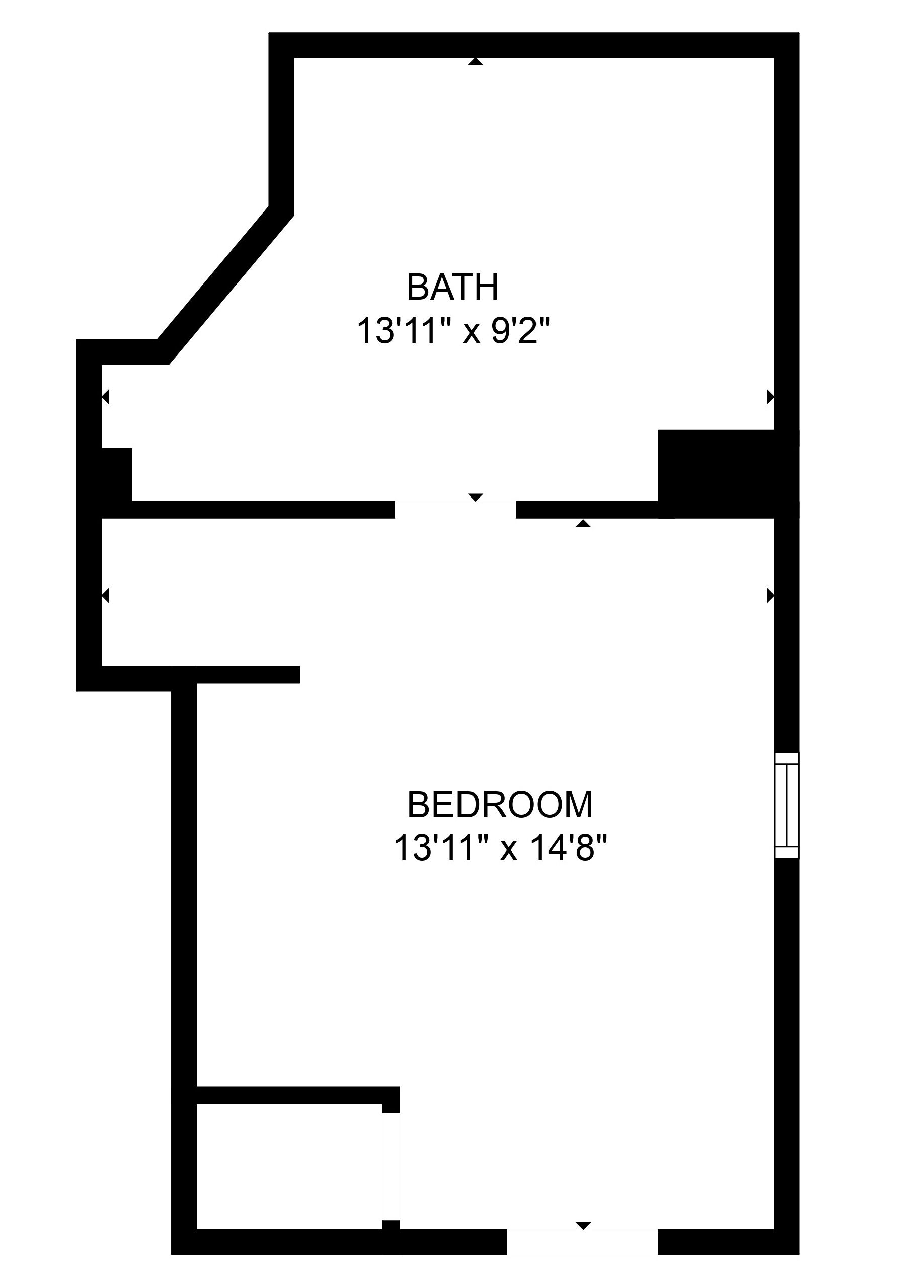Un plan d’étage comprenant une salle de bain de 13 pieds 11 pouces sur 9 pieds 2 pouces et une chambre de 13 pieds 11 pouces sur 14 pieds 8 pouces.