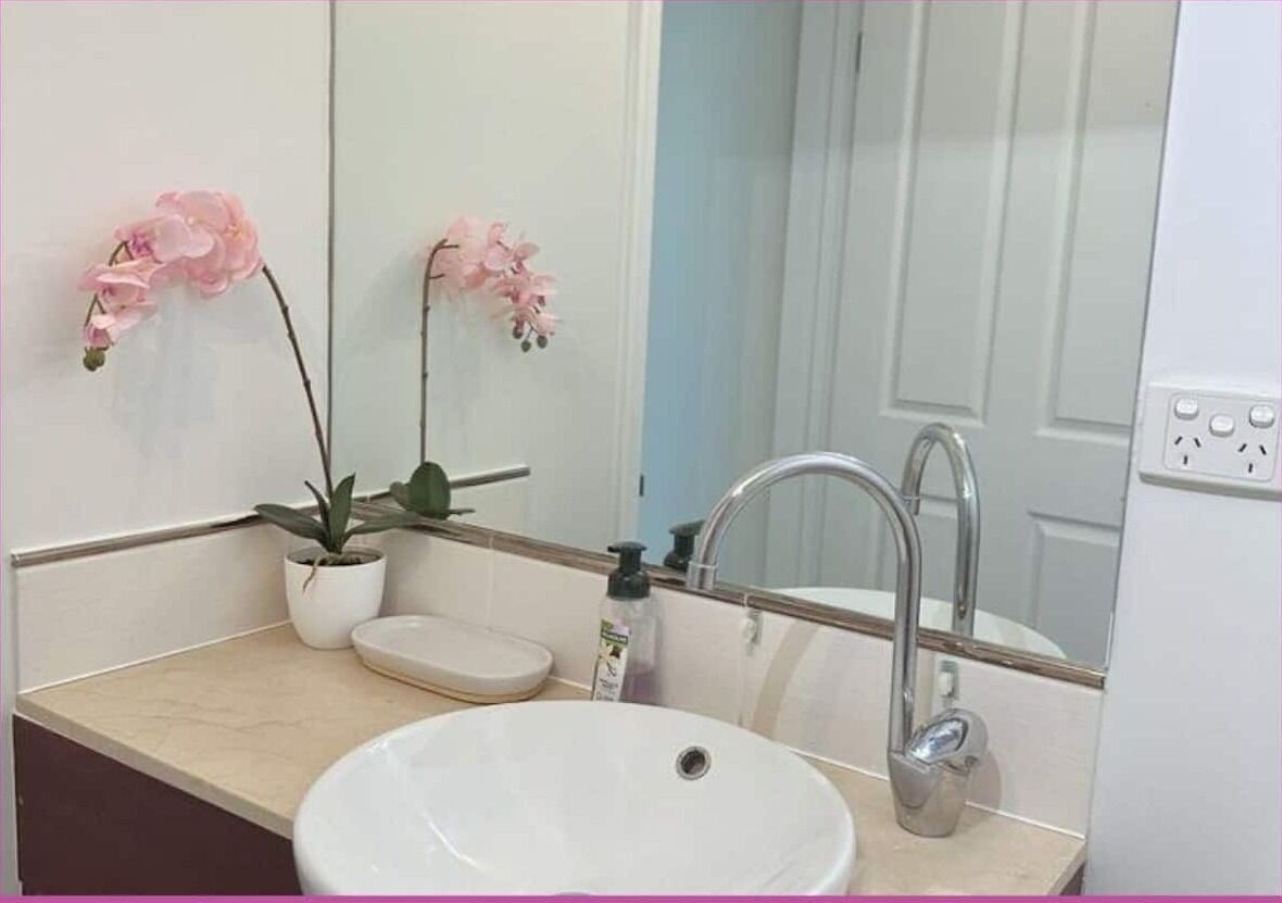 A bathroom with a white sink, a mirror, a faucet, and two potted plants with pink flowers.