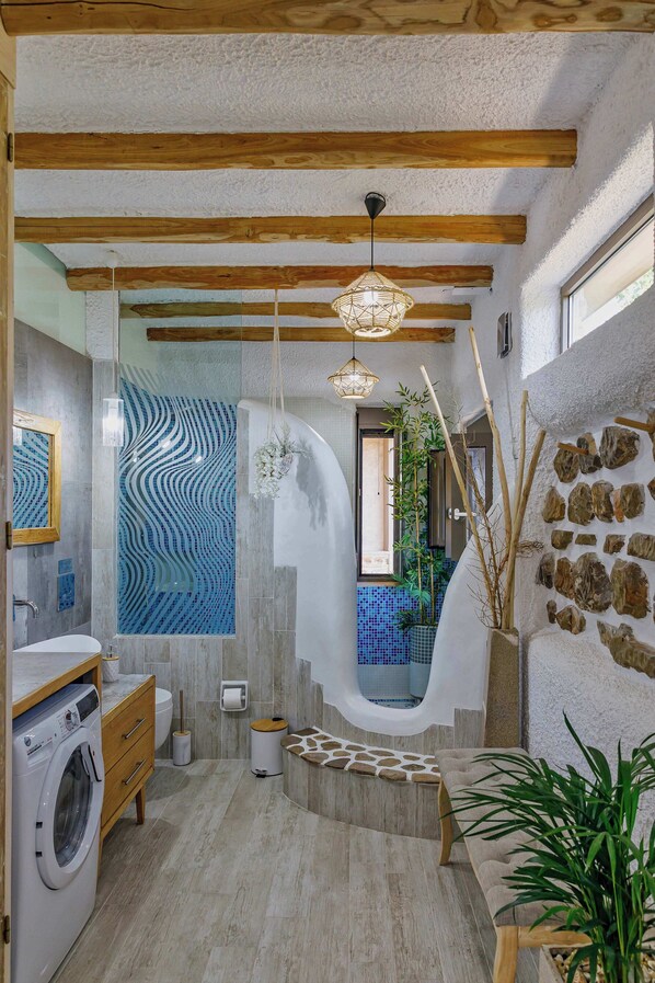 Shower, hair dryer, towels, shampoo