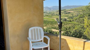 Ein Balkon mit einem weißen Plastikstuhl, einem grünen Sonnenschirm und Blick auf einen Weinberg.