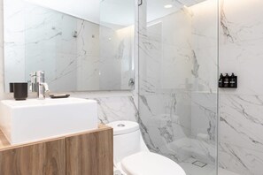 Dusche, Haartrockner, Handtücher, Shampoo