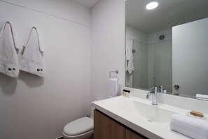 Dusche, Haartrockner, Handtücher, Shampoo