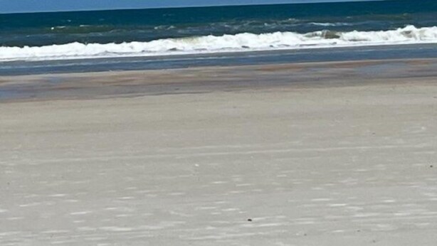 A beach with a clear sky and ocean waves.