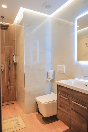 Un baño moderno con ducha, inodoro y tocador.