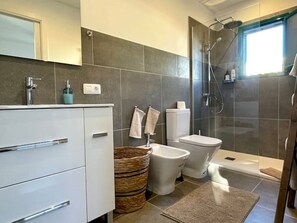 Regadera, secadora de cabello, bidet, toallas 