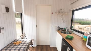 Fridge, microwave, stovetop, electric kettle