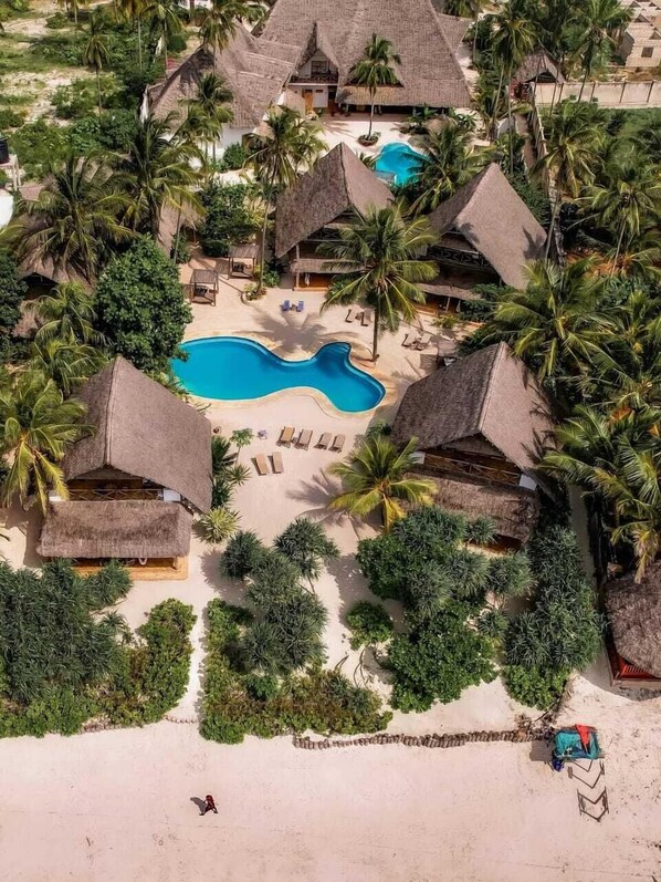 A resort with thatched-roof buildings, a central swimming pool, and palm trees. - Marafiki Beach Hotel & Spa (Matemwe)