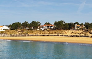 A coastal area with houses, a sandy beach, and a wooden fence.