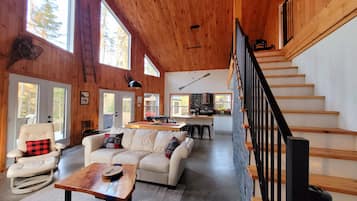 Smart TV, fireplace, foosball