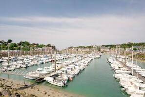 Un port de plaisance où de nombreux bateaux sont amarrés dans des eaux calmes, entouré de bâtiments et de verdure.