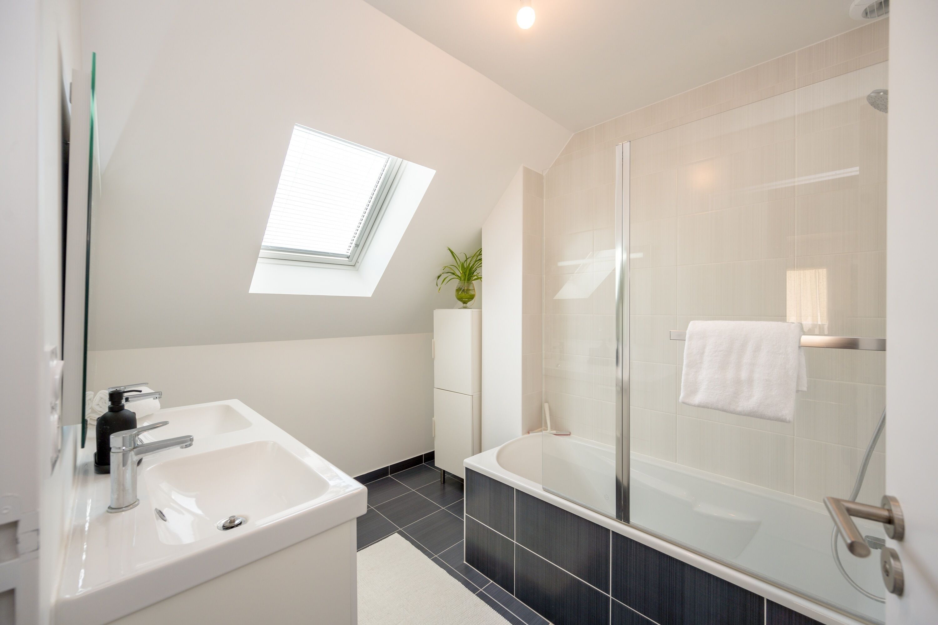 Une salle de bain moderne avec une lucarne, une baignoire et un lavabo.