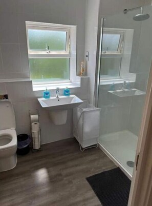 Shower, hair dryer, towels, toilet paper