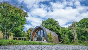 A modern, curved wooden cabin with a large glass door, surrounded by lush greenery and trees. - Woody's - 1 Bedroom Pod - Cold Inn (Kilgetty)
