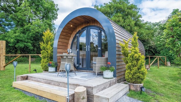 A modern, curved wooden structure with a glass door, a small outdoor seating area with two chairs and a table, and potted plants. - Woody's - 1 Bedroom Pod - Cold Inn (Kilgetty)